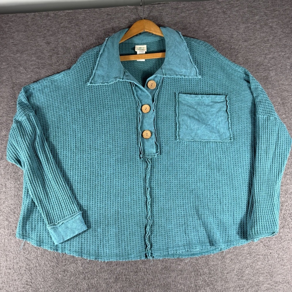 Women's Oversized Waffle Henley Lagenlook Lightweight Size S Boho Festival Beach